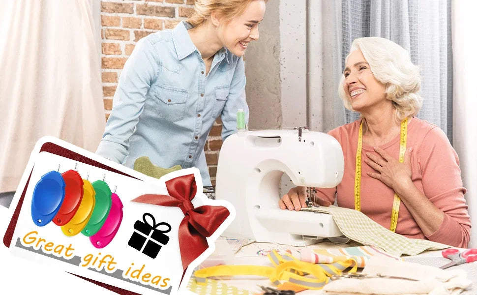 A smiling woman is using a white needle threader set for sewing and embroidery on fabric.
