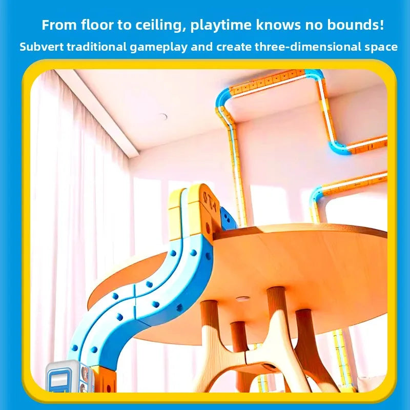 A wooden gravity maze structure built from magnetic train blocks in a bright room.