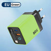 A lime green 80W USB-C fast charger with a retractable cable and EU Green certification label.