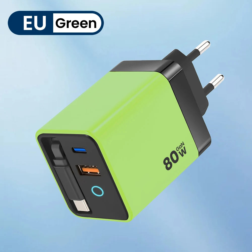 A lime green 80W USB-C fast charger with a retractable cable and EU Green certification label.