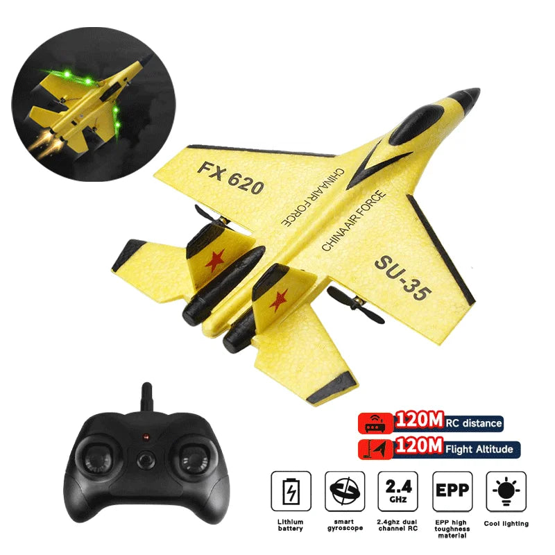 A yellow SU-35 fighter plane model with black details, next to a remote control transmitter and technical specifications.