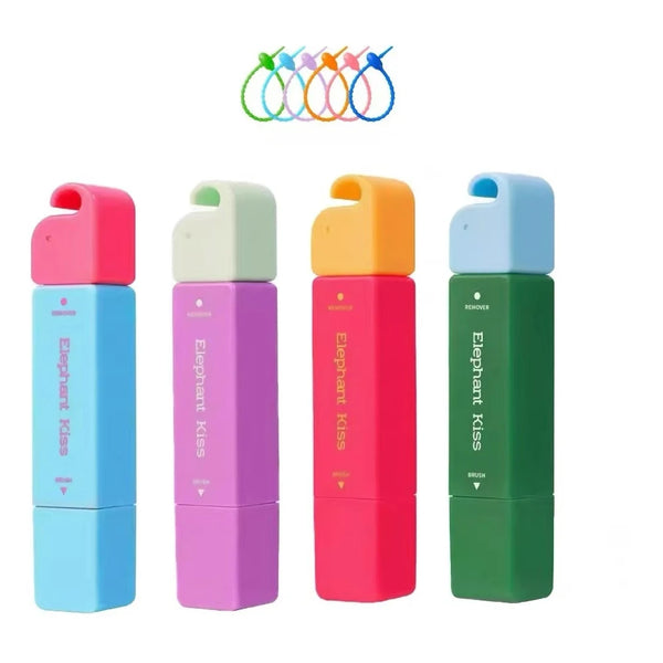 A set of four colored stain remover pens with double heads shown next to a graphic of hair strands