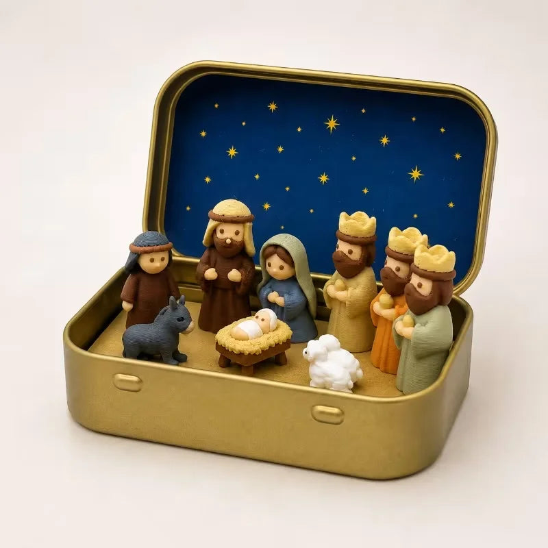 A miniature nativity scene featuring figures and animals set inside a gold-colored metal box with a blue starry background.