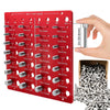 A red gauge for identifying bolt and nut threads with various standard sizes is shown next to a hand and loose hardware.