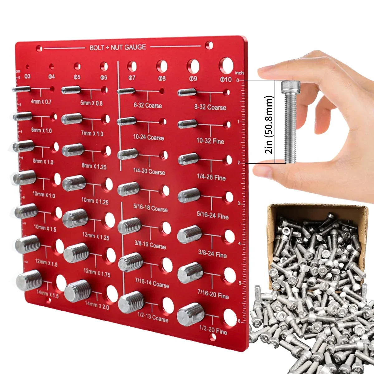 A red gauge for identifying bolt and nut threads with various standard sizes is shown next to a hand and loose hardware.