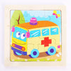 A colorful wooden puzzle depicting a yellow ambulance with a red cross and purple accents.