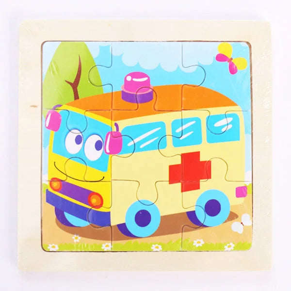 A colorful wooden puzzle depicting a yellow ambulance with a red cross and purple accents.