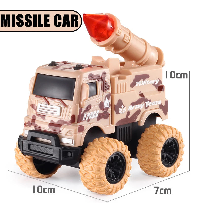 A military-themed pull-back toy car with a cannon, featuring tan and brown camouflage colors.