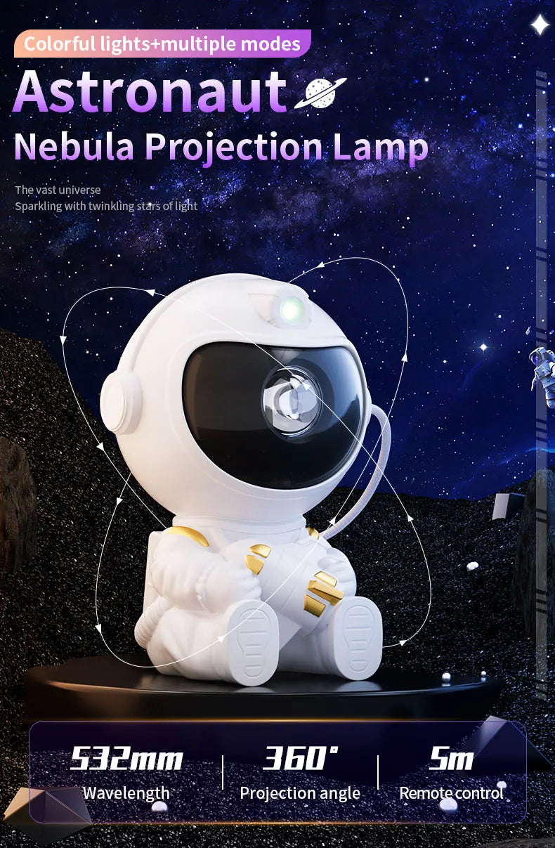 A white astronaut projection lamp with twinkling stars and nebula effects illuminating a dark background.