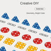 A collection of plastic geometric shapes and various screwdriver bits for a DIY repair kit.