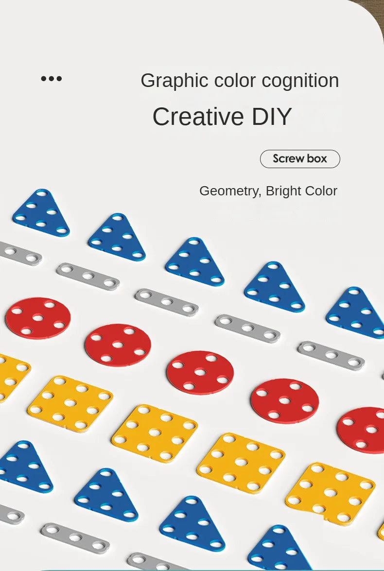 A collection of plastic geometric shapes and various screwdriver bits for a DIY repair kit.