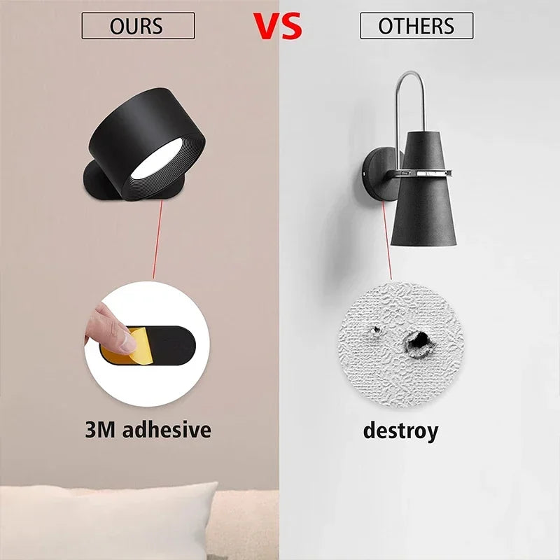 Comparison showing a black LED wall lamp using 3M adhesive versus another product that is destroyed.