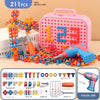 A pink tool kit with 211 pieces of colorful plastic components including screws nuts and a power drill and screwdriver.
