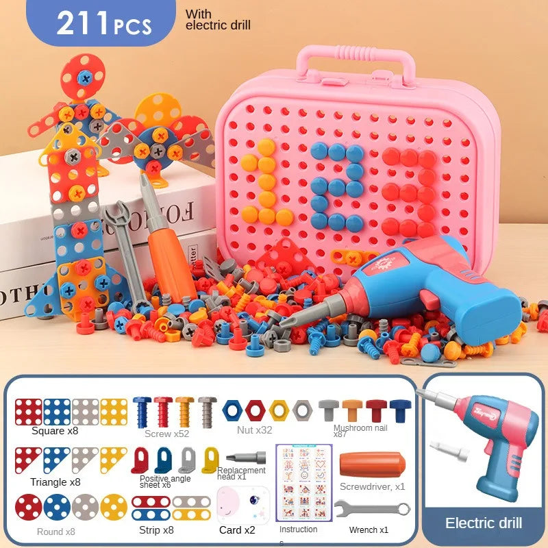 A pink tool kit with 211 pieces of colorful plastic components including screws nuts and a power drill and screwdriver.