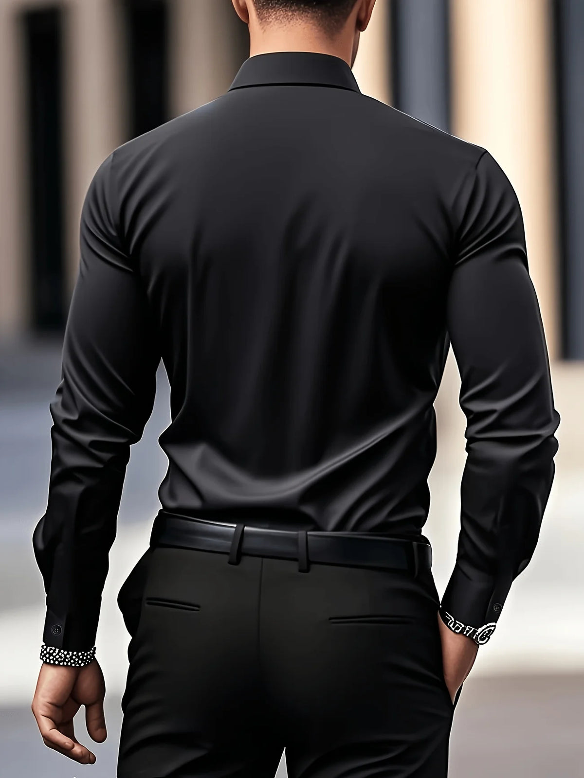 A man wearing a black long-sleeve formal shirt and black pants, viewed from the back.