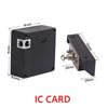 A black IC card smart drawer lock with mounting brackets and dimensions shown.