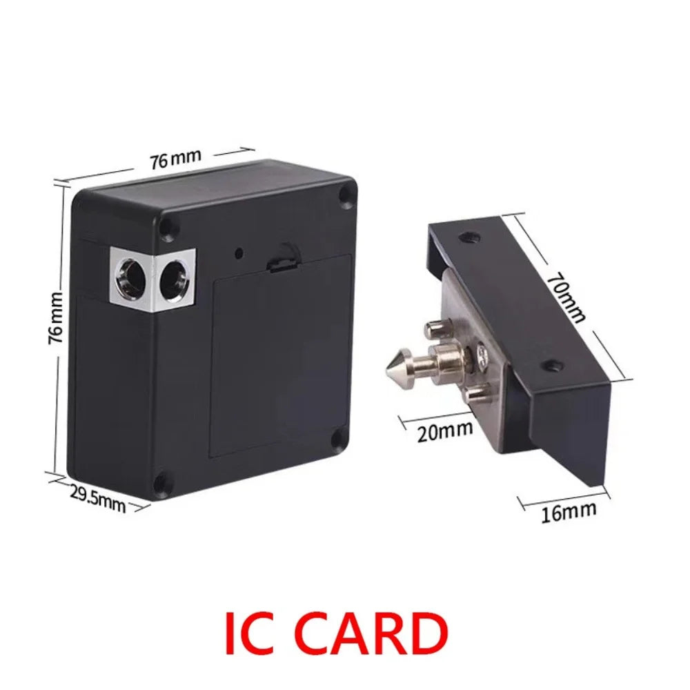 A black IC card smart drawer lock with mounting brackets and dimensions shown.