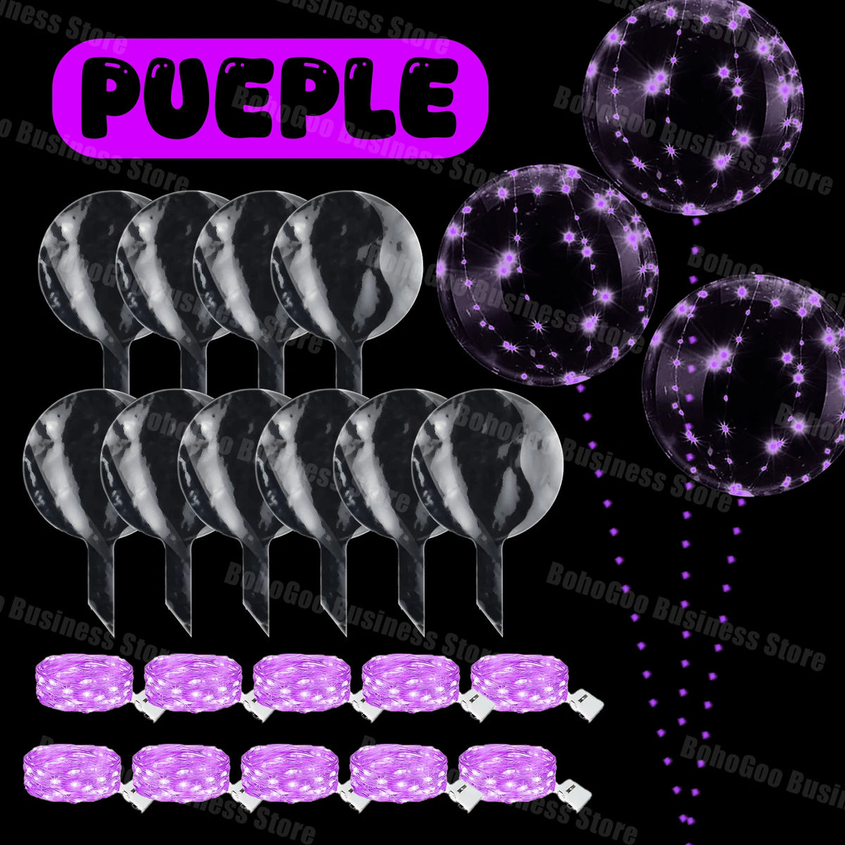 Purple LED light-up balloons with pre-strung lights for celebrations