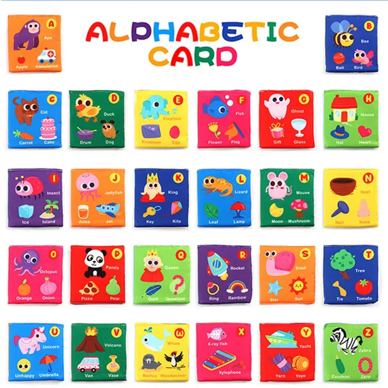 A collection of colorful alphabet flash cards for babies, including letters and numbers.