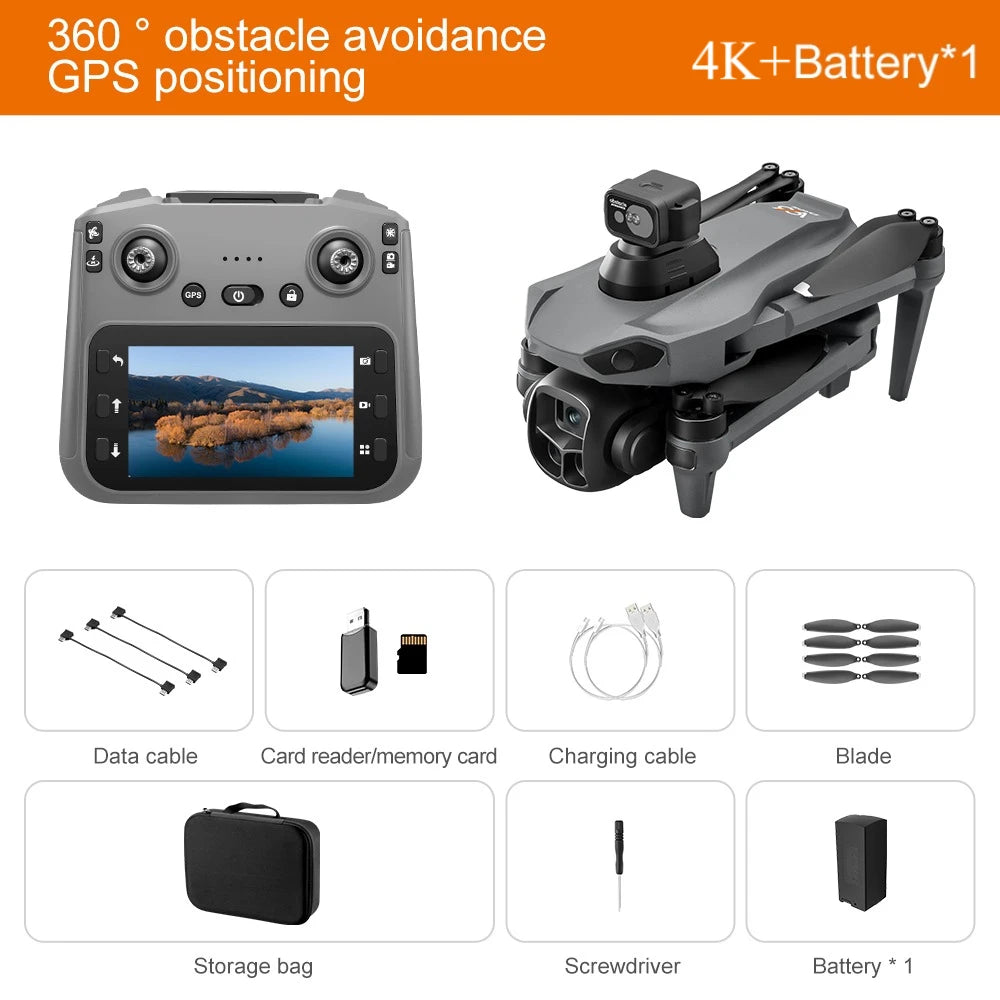 A collection of accessories for a 360 degree obstacle avoidance GPS positioning drone, including the main unit, data cable, s