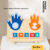 A wooden finger counting number learning toy showing arithmetic operations like 5 + 3 = 8.