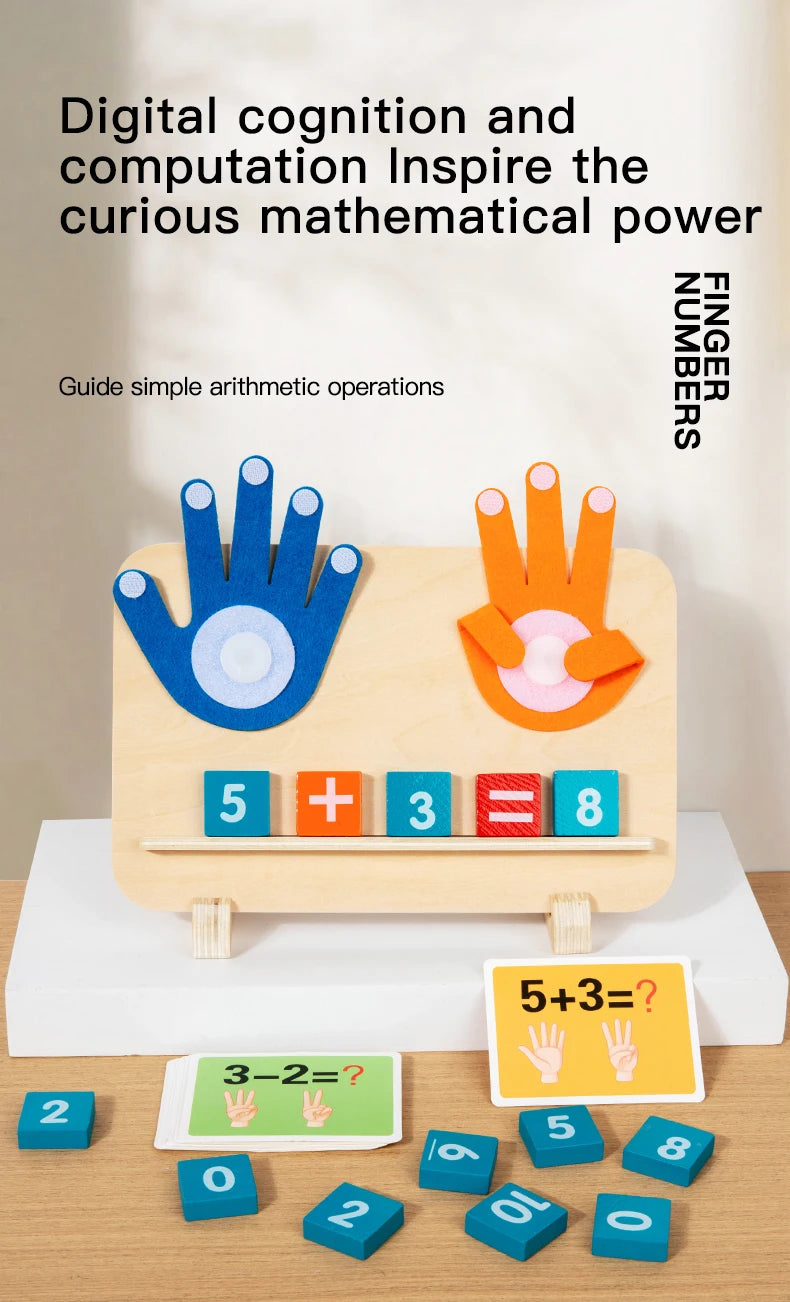 A wooden finger counting number learning toy showing arithmetic operations like 5 + 3 = 8.