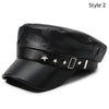 Black PU leather beret hat with a silver star and rectangular embellishment on the band