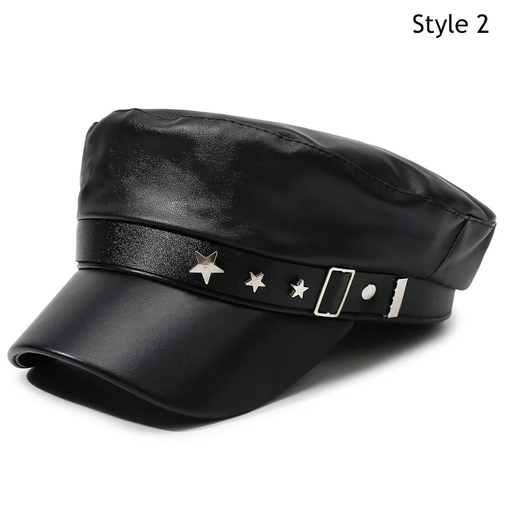 Black PU leather beret hat with a silver star and rectangular embellishment on the band