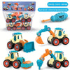 A set of DIY construction toys including excavators, bulldozers, and other vehicles in various colors.