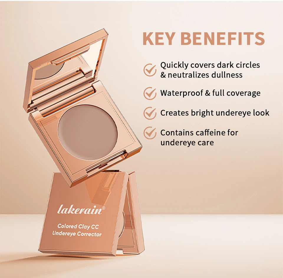 En rosa compact av Lakerain färgad lera CC undereye corrector med en precision pensel och viktiga fördelar listade.