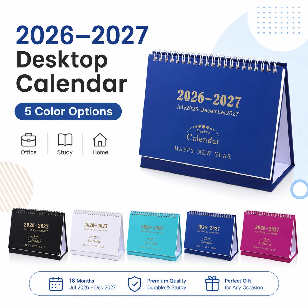 تقويم مكتبي أزرق لعامي 2026-2027 مع خمسة خيارات ألوان بجانب تقويم مطوي