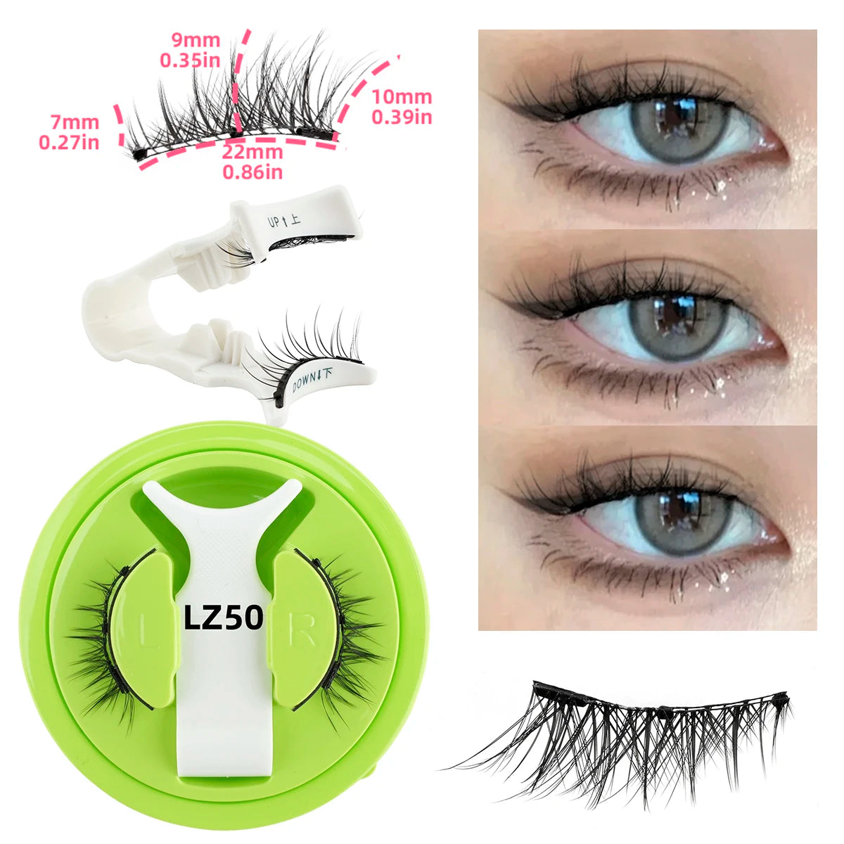 A set of magnetic eyelash extensions with a precision tweezer and a green holder for application.