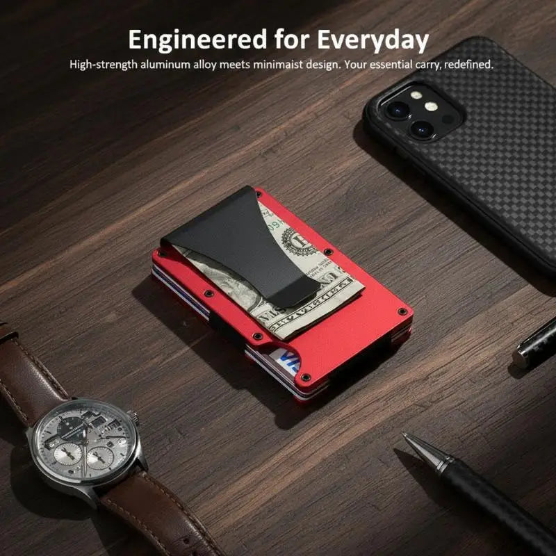 A red slim wallet with a black money clip is shown next to a smartphone and a leather watch on a wooden surface.