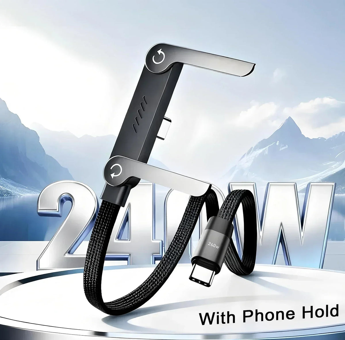 كابل شحن سريع USB-C أسود 2 في 1 مع حامل هاتف قابل للطي على سطح فضي.