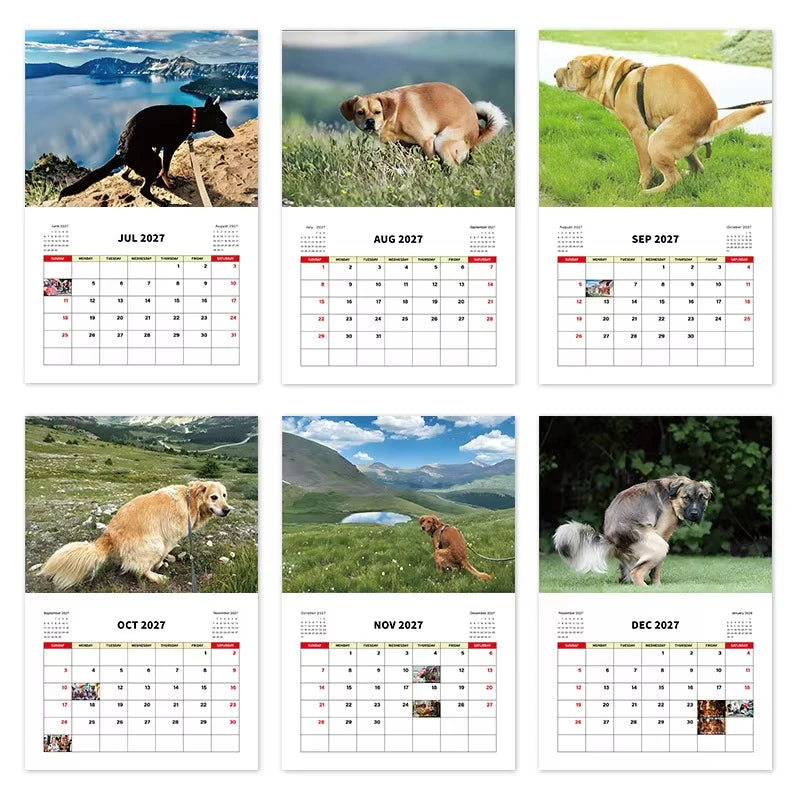 Veggkalender med bilder av hunder som bæsjer i vakre naturscener gjennom 2027