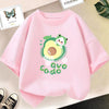 Pink kids t-shirt featuring a cute avocado print with the words avo cado