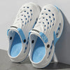 A pair of white and light blue EVA slip-on sandals with cushioned platform soles shown from the side.