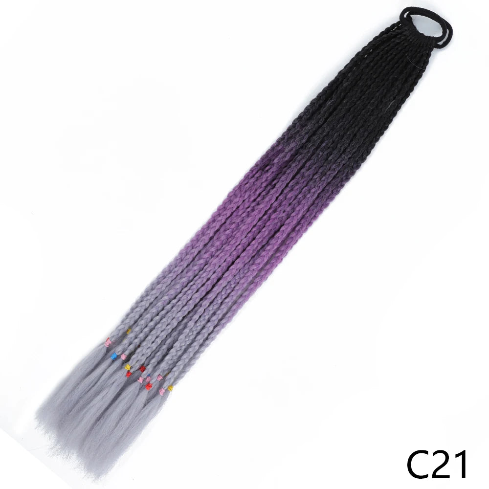 Black to purple gradient pre-braided ponytail extension with an elastic band