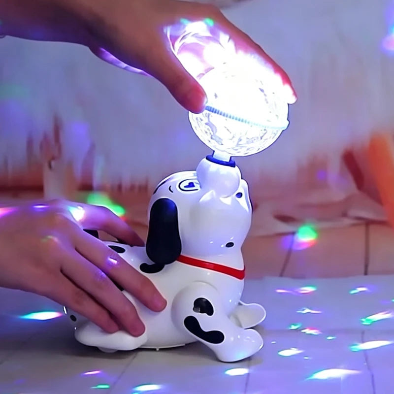 A hand is interacting with a white spinning dog toy that emits light and music.