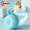 A light blue interactive cat rolling ball is shown next to a fluffy orange kitten.