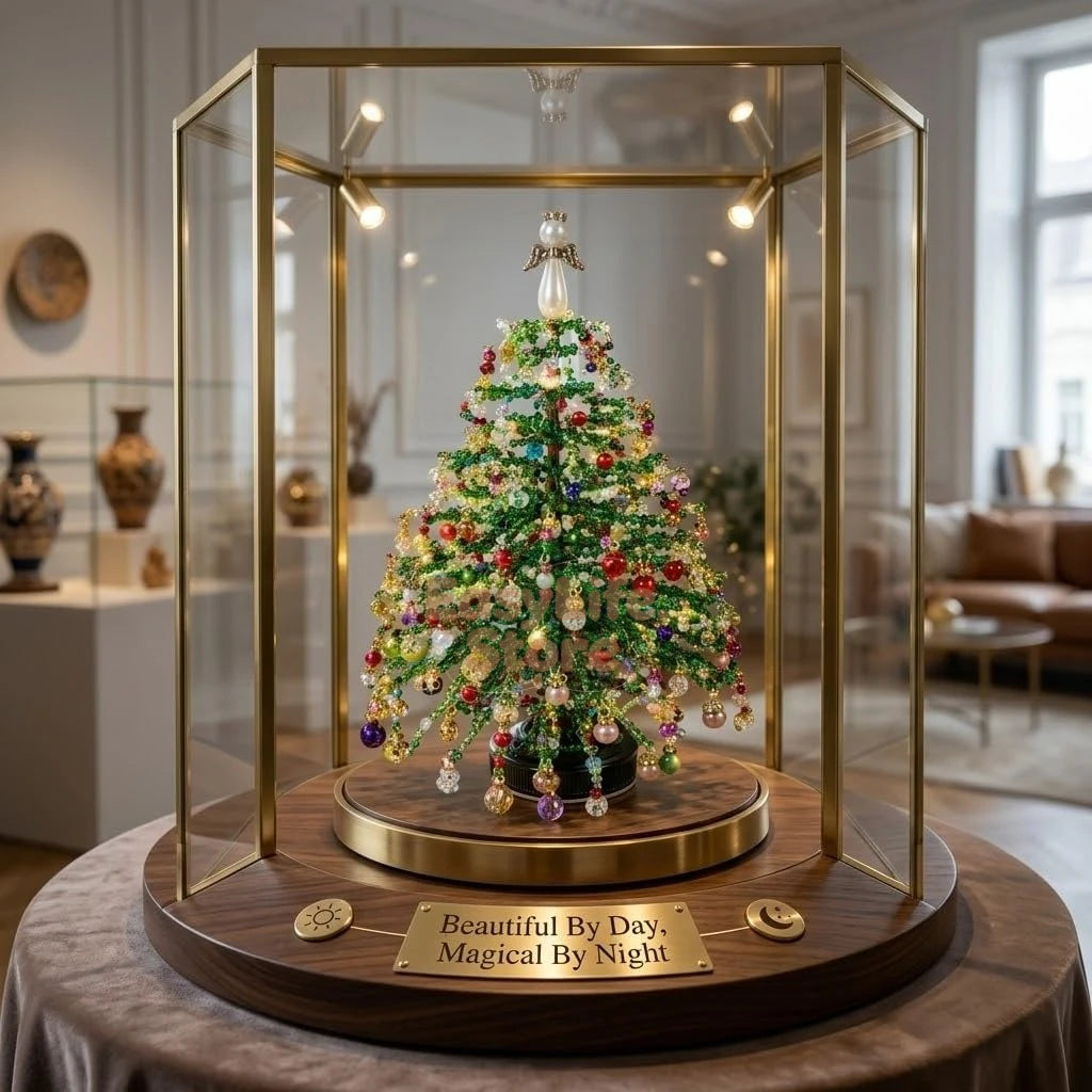 Dekorativt glass som viser en perlepyntet juletre med LED-lys på en trefot.