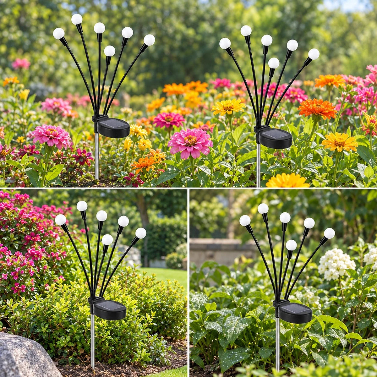 Six-head solar Firefly lights with integrated panels in flower beds and greenery