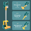 Three types of suction tips for a kids interactive toy vacuum cleaner: Direct Suction, Slit Cleaning, and Wide Mouth Flat tip