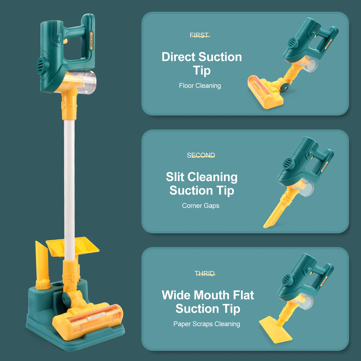 Three types of suction tips for a kids interactive toy vacuum cleaner: Direct Suction, Slit Cleaning, and Wide Mouth Flat tip