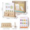 A wooden logic puzzle game featuring colorful geometric shapes and cards for children's learning