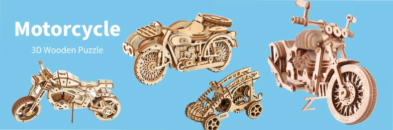 En samling intrikate 3D-tremodeller av motorsykler og relaterte kjøretøy.