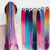 A collection of colorful pre-braided ponytail hair extensions featuring a gradient blend of pink, blue, purple, and green.