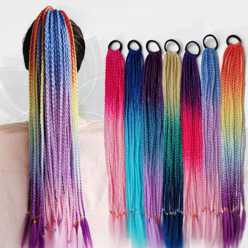 A collection of colorful pre-braided ponytail hair extensions featuring a gradient blend of pink, blue, purple, and green.