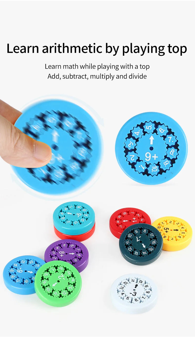 En samling fargerike matte-fidget-spinnere med tall og regneoperasjoner for læring av aritmetikk.