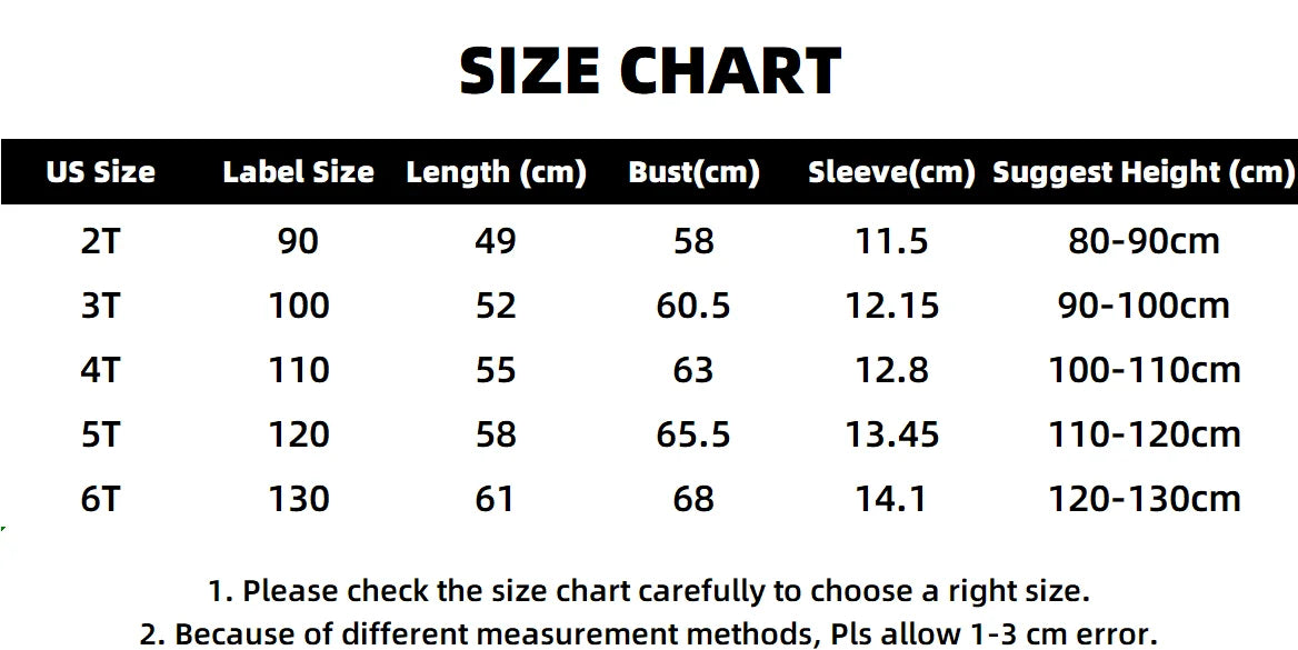 Size chart for kids' summer cotton dress showing sizes from 2T to 6T with corresponding measurements.